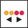 'Logo met drie cirkels: twee oranje, één roze, boven twee zwarte driehoeken die als pijlen naar links wijzen.'