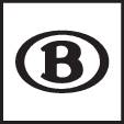 Een zwart vierkant met een wit ovaal in het midden, dat de letter 'B' bevat. Symbool of logo, geen verdere context.