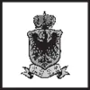 Wapen met adelaar en kroon op een zwarte achtergrond, gestileerd en wit geaccentueerd. Symboliseert autoriteit of traditie.