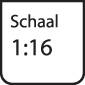 'Schaal 1:16' staat op een wit, rechthoekig bord.