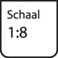 Schaalvermelding met de tekst 'Schaal 1:8', die aangeeft dat een object acht keer kleiner is dan in werkelijkheid.