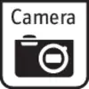 Symbool van een camera in een zwart vierkant. Het woord 'Camera' staat erboven geschreven.