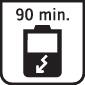 Symbool voor batterij met bliksemschicht en tekst "90 min." bovenaan, geeft resterende batterijduur van 90 minuten aan.
