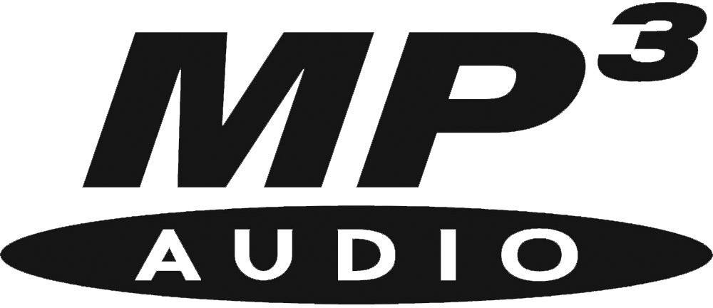 De afbeelding toont het logo 'MP3 Audio', bestaande uit 'MP3' in grote letters en 'AUDIO' eronder op een ovale achtergrond.