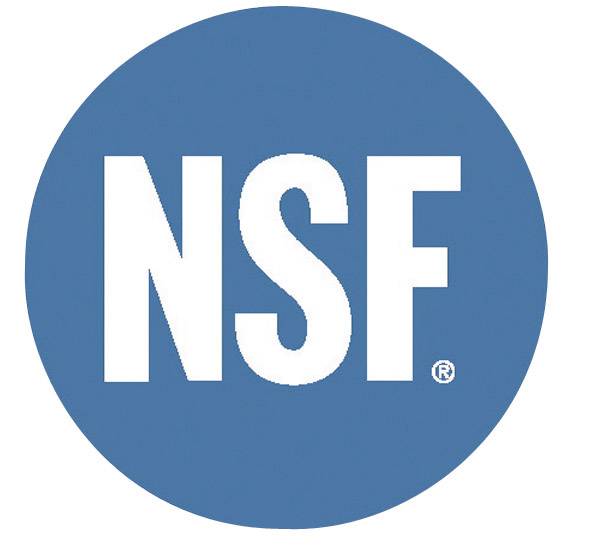 Blauw rond logo met de witte letters 'NSF' in het midden.