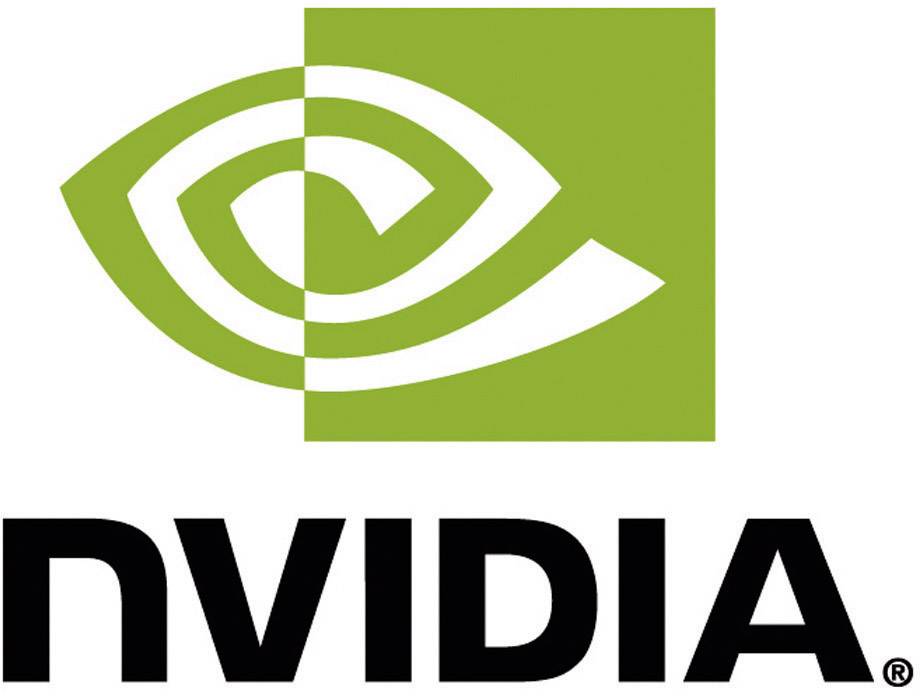 De afbeelding toont het groen-zwarte logo van Nvidia met een gestileerd oog en daaronder de bedrijfsnaam.