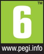 'PEGI 6'-leeftijdsindicatie op paarse achtergrond; geschikt voor kinderen vanaf 6 jaar. Website onderaan: 'www.pegi.info'.