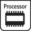 'Processor'-symbool: Zwart op witte achtergrond, toont een gestileerd computerchip-ontwerp.