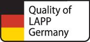 De afbeelding toont het logo met de tekst 'Kwaliteit van LAPP Germany' en bevat de kleuren van de Duitse vlag.