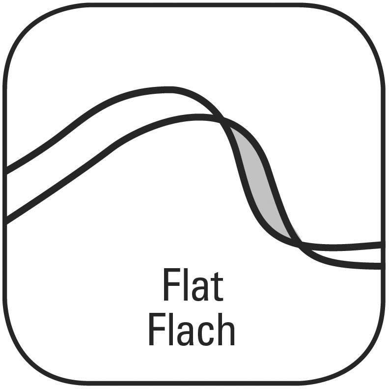 Symbool van een gestileerde rivier of weg met de tekst 'Flat Flach', dat een egale, vlakke lijn voorstelt.