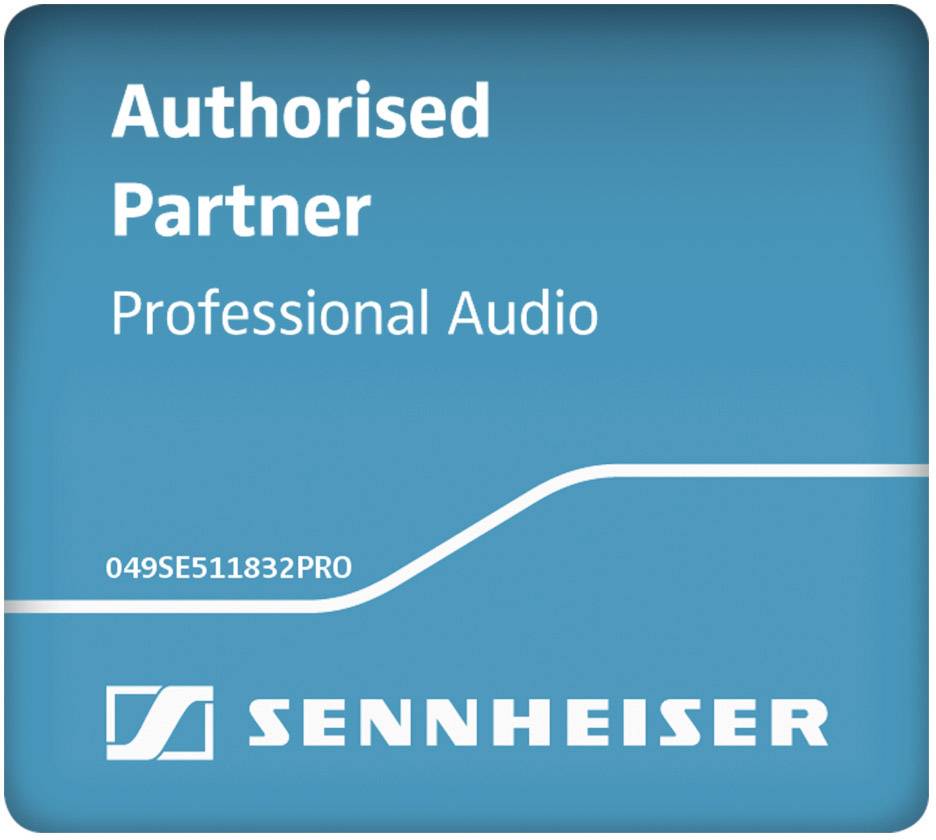 Logo van Sennheiser met tekst 'Officiële Partner Professionele Audio'
