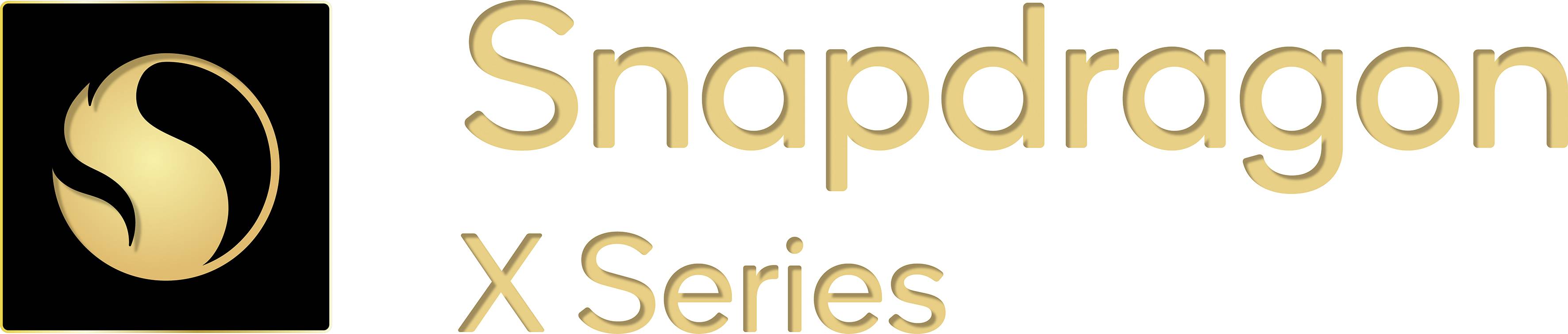 De afbeelding toont het gouden Snapdragon-logo en de tekst 'Snapdragon X Series' in gouden letters op een zwarte achtergrond.