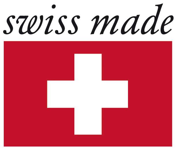 Rood rechthoek met een wit kruis in het midden. Bovenaan staat 'swiss made' in zwarte letters. Symboliseert Zwitserse herkomst.