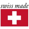Rood rechthoek met een wit kruis in het midden. Bovenaan staat 'swiss made' in zwarte letters. Symboliseert Zwitserse herkomst.