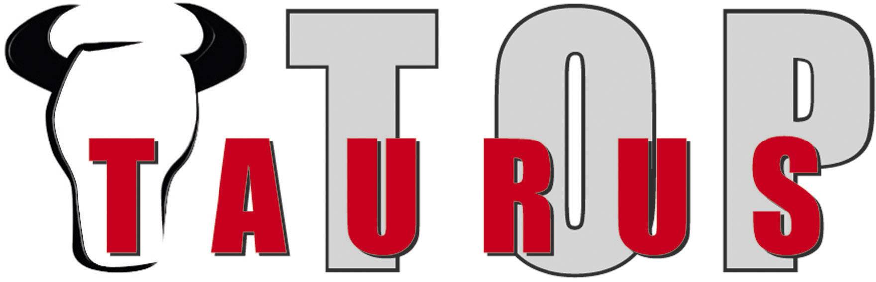 De afbeelding toont het woord 'TOP TAURUS' in grote letters, waarbij 'TAURUS' in het rood wordt geaccentueerd en een gestileerde stierenkop het 'T' vormt.