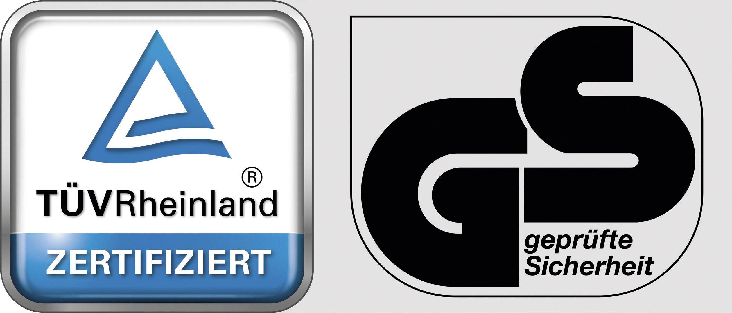 'TÜV Rheinland gecertificeerd' en 'GS geteste veiligheid' logo's, die staan voor kwaliteit en veiligheidsnormen.