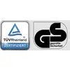 'TÜV Rheinland gecertificeerd' en 'GS geteste veiligheid' logo's, die staan voor kwaliteit en veiligheidsnormen.
