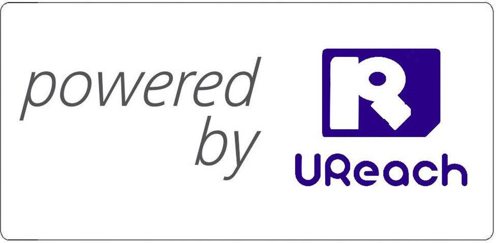 'powered by UReach' op witte achtergrond. Links staat de tekst 'powered by', rechts het blauwe logo van UReach.