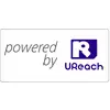 'powered by UReach' op witte achtergrond. Links staat de tekst 'powered by', rechts het blauwe logo van UReach.
