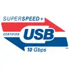 Logo toont 'SUPERSPEED+ CERTIFIED USB 10 Gbps' in blauwe en rode letters.
