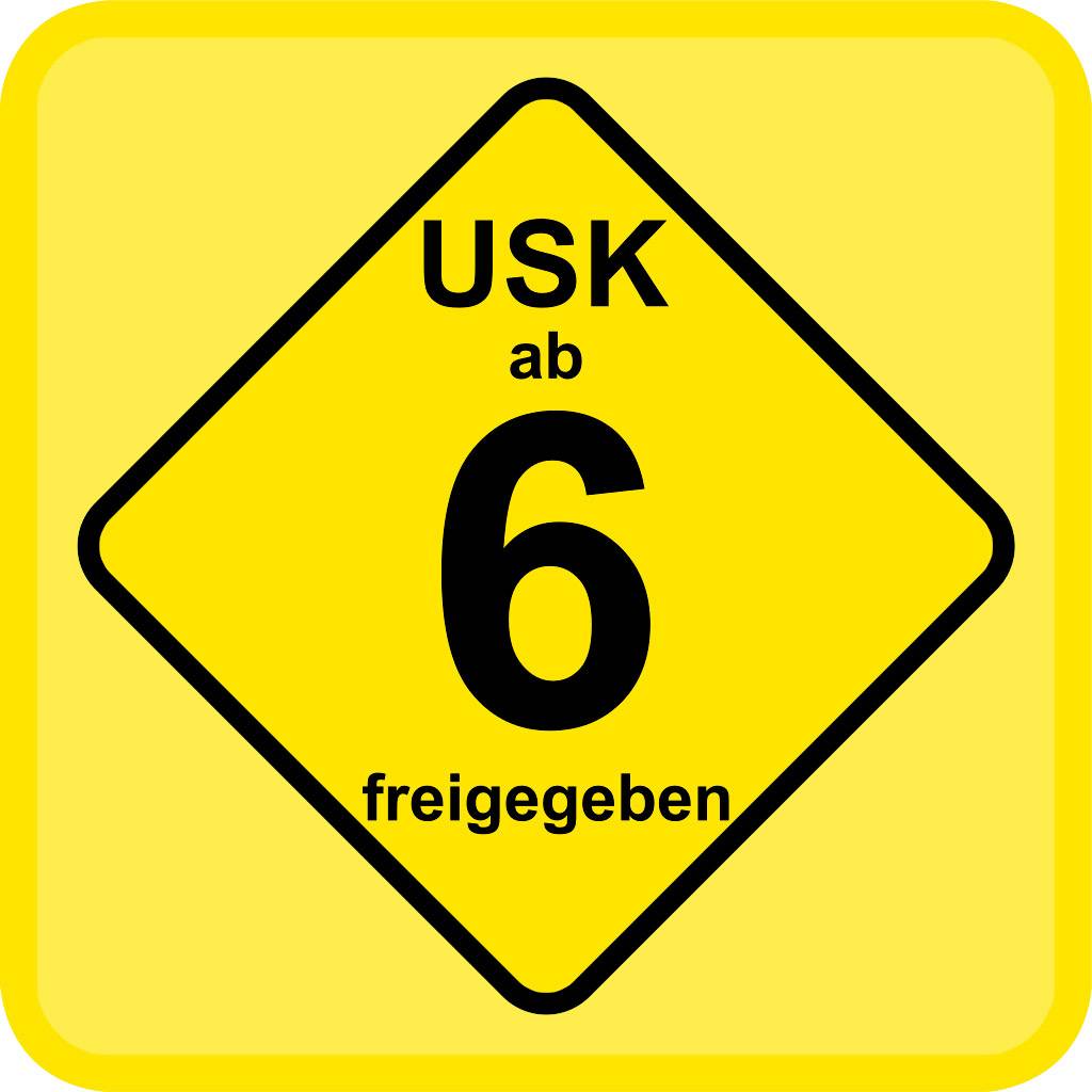 'USK ab 6 vrijgegeven' is een geel bord met een zwarte rand dat een leeftijdsclassificatie aangeeft voor inhoud vanaf 6 jaar.