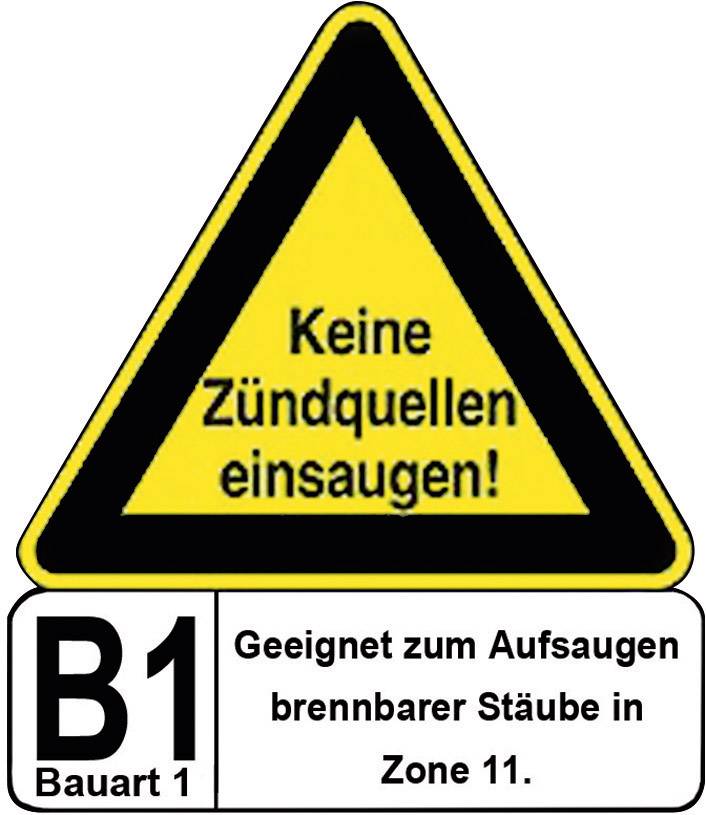 Geel waarschuwingsbord met de tekst 'Niet aanzuigen van ontstekingsbronnen!'. Daaronder de opmerking: 'Geschikt voor het opzuigen van brandbare stofdeeltjes in zone 11.'