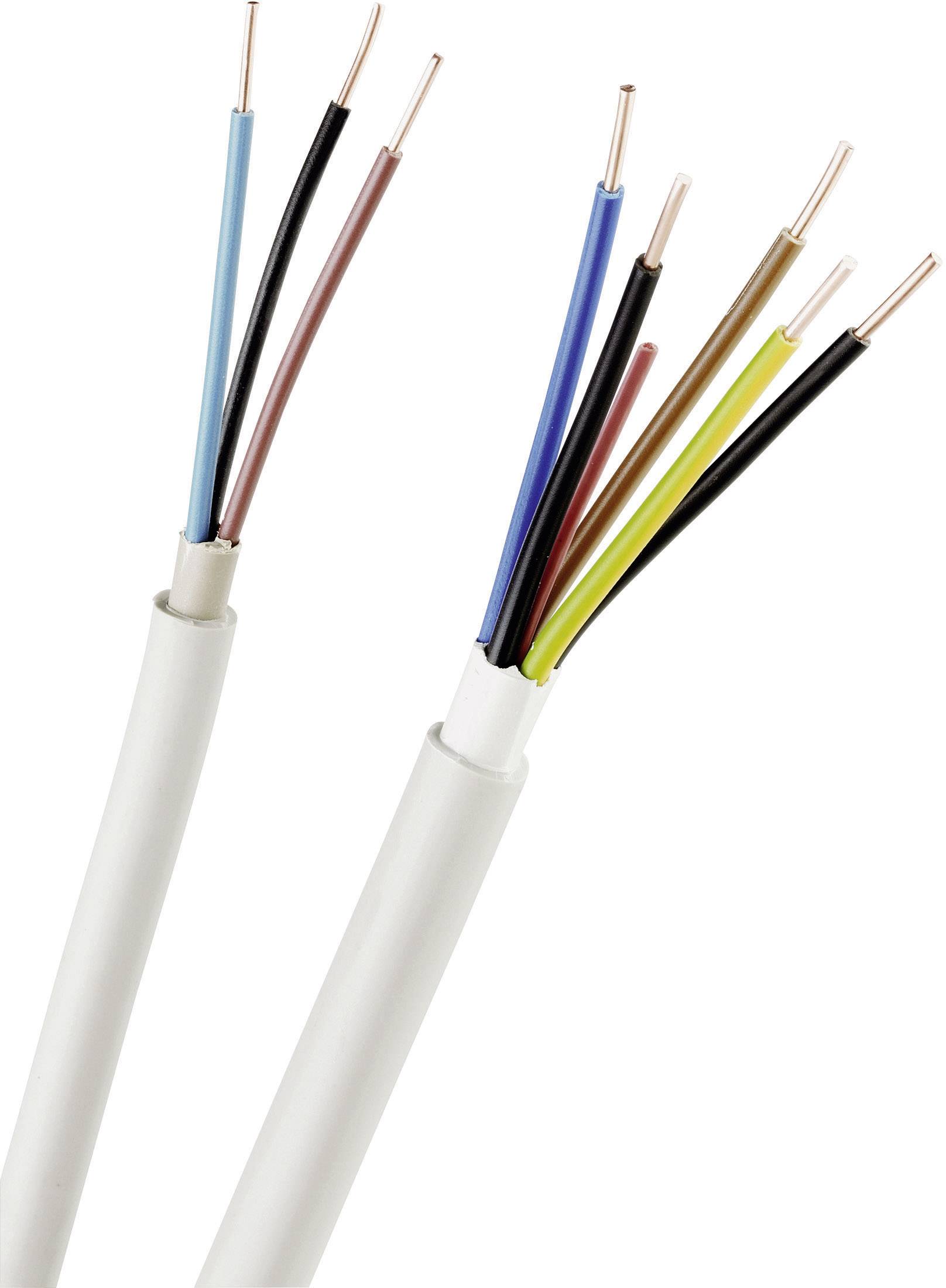 Twee kabels met open uiteinden tonen verschillende gekleurde draden: Zwart, Geel, Blauw, Rood en Bruin. Elektrische bedrading.