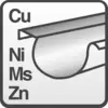 'Cu Ni Ms Zn' - Doorsnede van een metalen buis met symbolen voor koper, nikkel, messing, zink. Symboliseert materiaalsamenstellling.