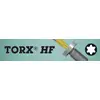 Een schroef met Torx-aandrijving en een opvallende gele kop, naast het woord 'TORX HF' en de Torx-symboolvorm.