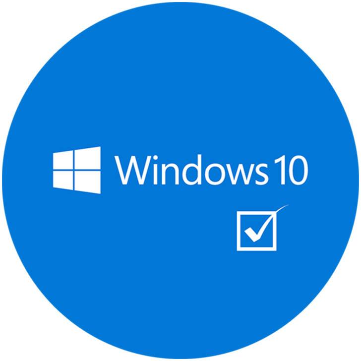Blauw cirkellogo met wit Windows-symbool, 'Windows 10'-tekst en vinkje.
