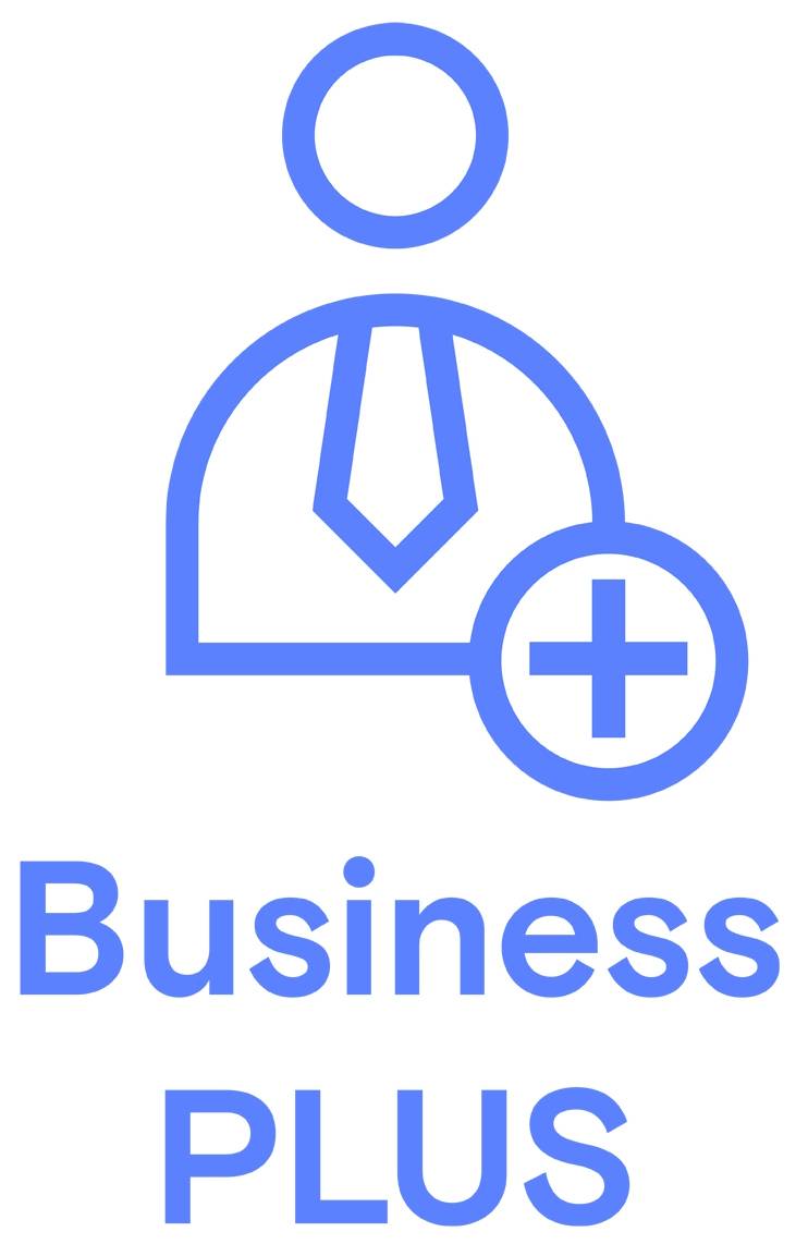 Ikona przedstawia osobę w krawacie z plusem obok. Poniżej napisano niebieskim drukiem 'Business PLUS'.