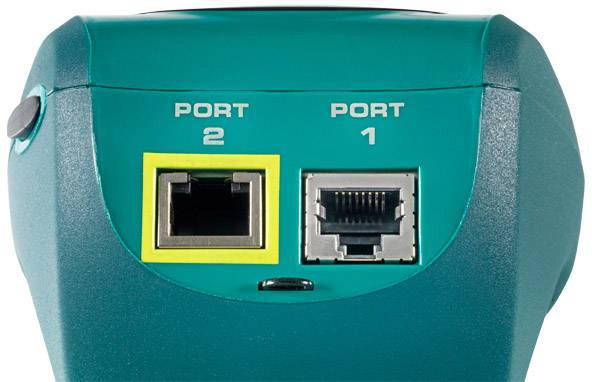 Dwa porty Ethernet na urządzeniu sieciowym, oznaczone jako 'Port 1' i 'Port 2', w zielowej obudowie.