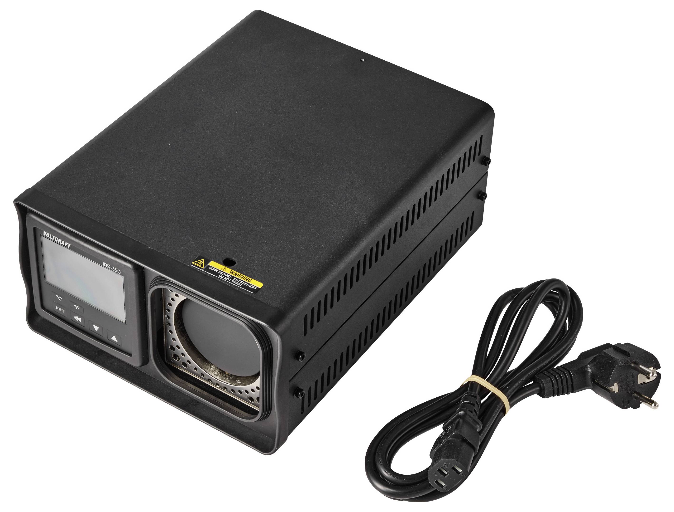 Czarna jednostka zasilacza awaryjnego z baterią, wyświetlaczem LCD i dołączonym przewodem zasilającym.