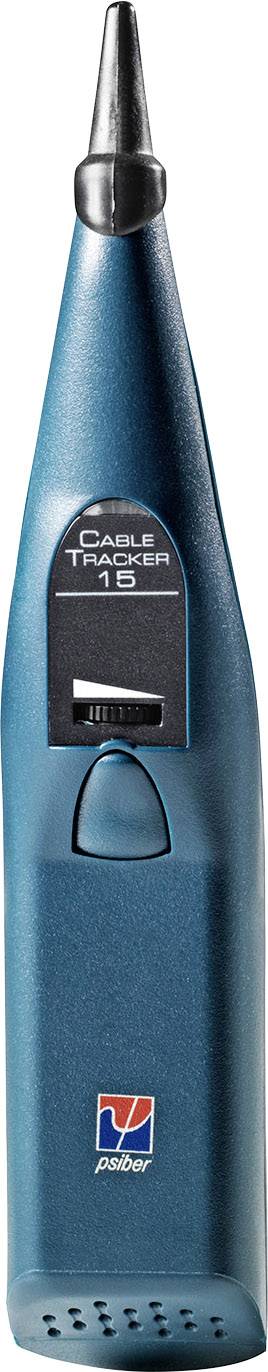 Niebieskie urządzenie elektryczne z anteną i przełącznikiem, oznaczone napisem 'Cable Tracker 18', obok którego znajduje się logo.