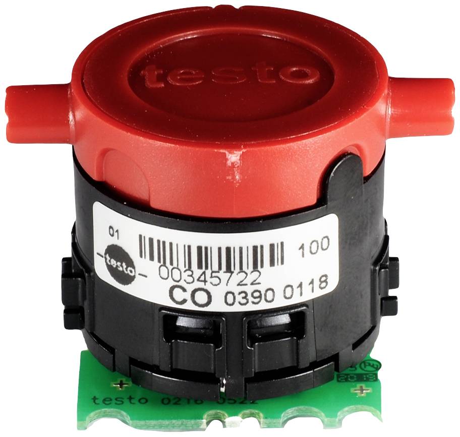 Okrągły elektroniczny czujnik z czerwoną pokrywą i czarną obudową. Widoczny jest kod kreskowy oraz napis 'CO 0390 0118'.