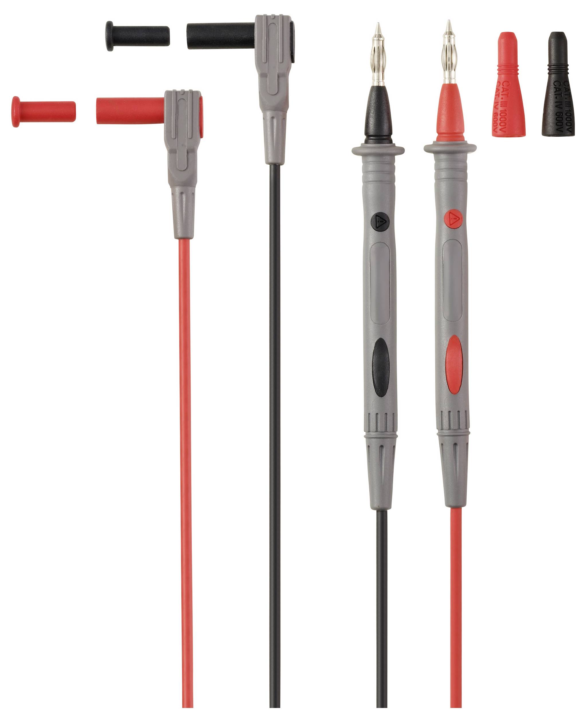 Dwie szare sondy multimetru z czerwonymi i czarnymi przewodami oraz nasadkami, używane do pomiaru wartości elektrycznych.