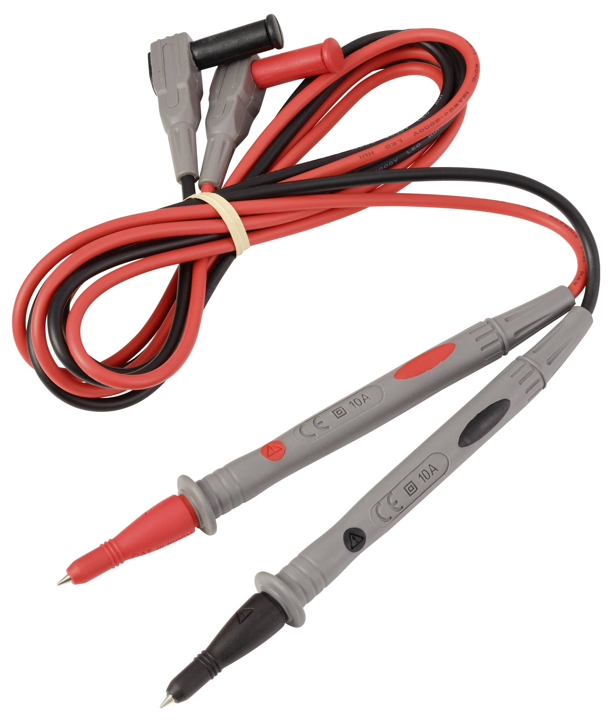 Czerwone i czarne sondy multimetru ze spitymi końcówkami i izolowanymi kablami do testowania i pomiaru urządzeń elektrycznych.