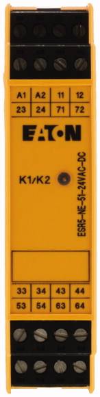 Żółte bezpieczne przekaźniki elektromagnetyczne firmy Eaton, model ESR5-NO-31-24VAC-DC, z wieloma zaciskami przyłączeniowymi u góry i u dołu.