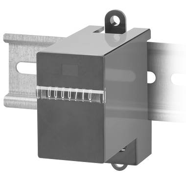 Mechaniczny licznik do resetowania zainstalowany na metalowej szynie, z widocznym oknem wyświetlającym liczby oraz pętlami montażowymi na górze i dole.