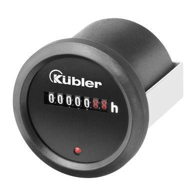 Czarny cyfrowy licznik godzin Kübler z wyświetlaczem pokazującym 00008.8 h i małą czerwoną lampką wskaźnikową.