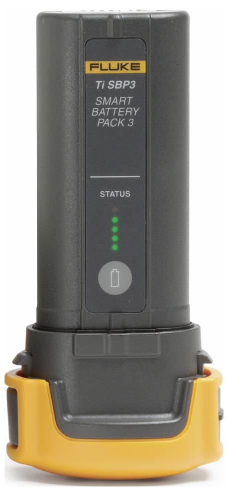 Szary, stojący pionowo akumulator marki Fluke z czterema świecącymi zielonymi lampkami wskaźnika statusu i żółtą podstawą.