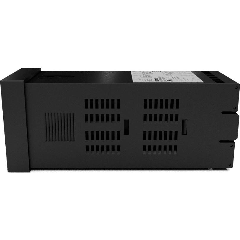 Czarny elektroniczny sprzęt w kształcie prostokąta leży płasko z otworami wentylacyjnymi po bokach. Na górze znajduje się etykieta.