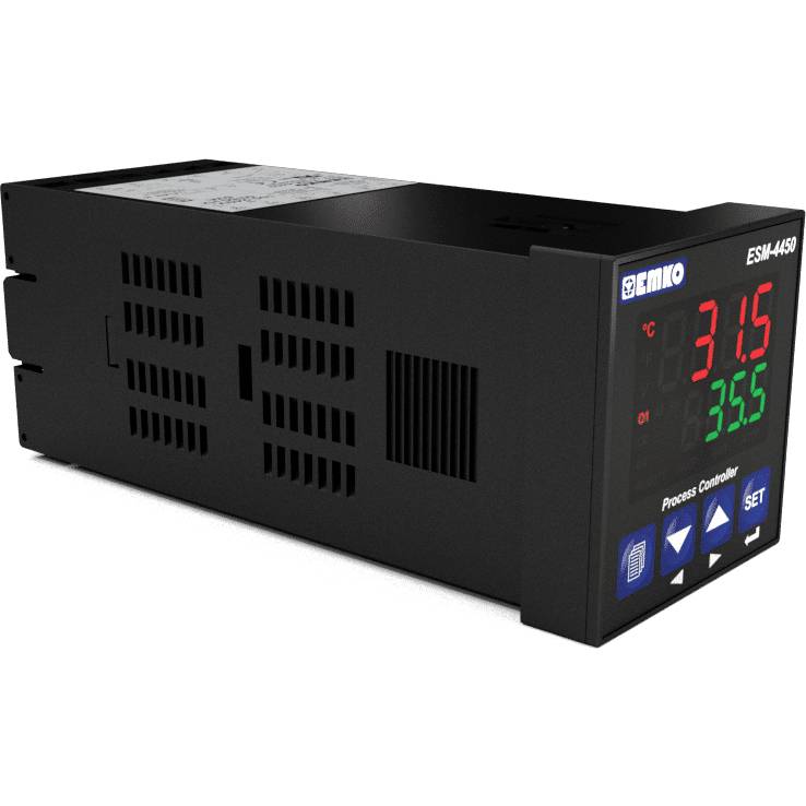 Elektroniczny regulator temperatury z cyfrowym wyświetlaczem. Wyświetla '31,5°C' i '35,5' jako wartości zadaną i aktualną. Przyciski sterujące znajdują się na dole.