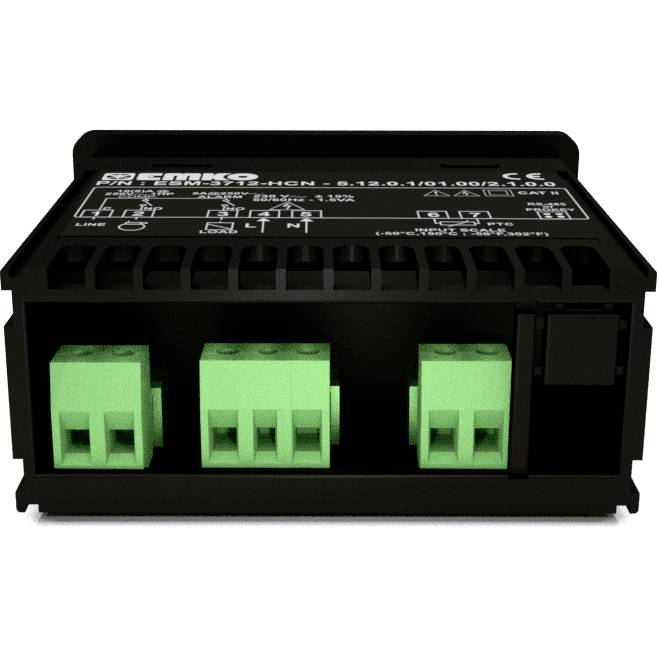 Czarna skrzynka elektroniczna z zielonymi zaciskami przyłączeniowymi, prawdopodobnie jednostka sterująca do zastosowań lub instalacji technologicznych.