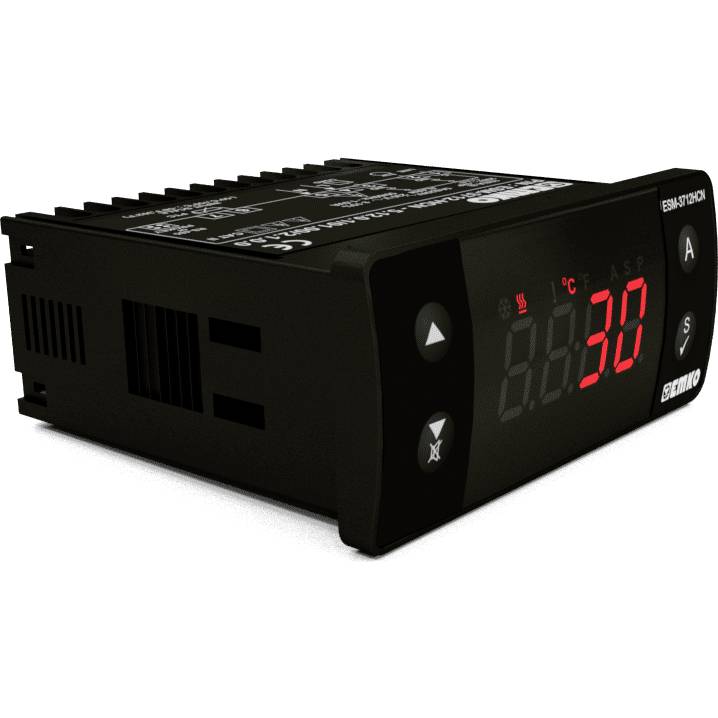 Cyfrowy regulator temperatury z wyświetlaczem LED wskazuje '30°C'. Urządzenie posiada przyciski do regulacji i kompaktową, czarną obudowę.