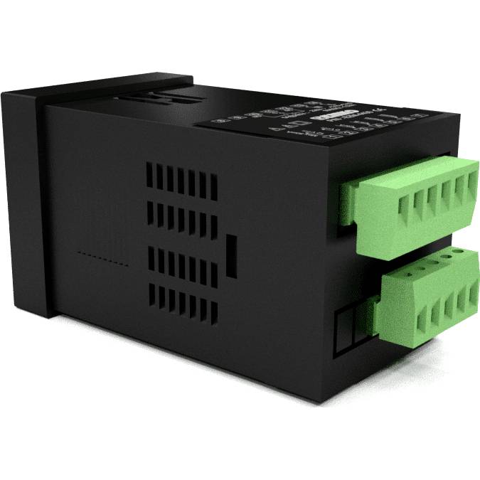 Czarne urządzenie elektroniczne z zielonymi zaciskami przyłączeniowymi, prawdopodobnie zasilacz lub urządzenie sterujące, leży ukośnie na boku.