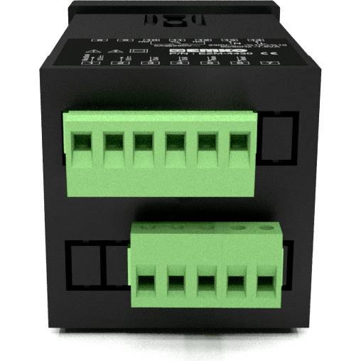 Prostokątne urządzenie elektryczne z dwoma zielonymi zaciskami przyłączeniowymi z przodu.