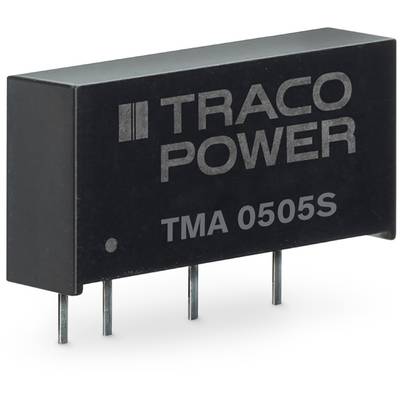 Czarny element elektroniczny z napisem 'TRACO POWER TMA 0505S', z czterema metalowymi pinami u dołu do montażu na płytce drukowanej.