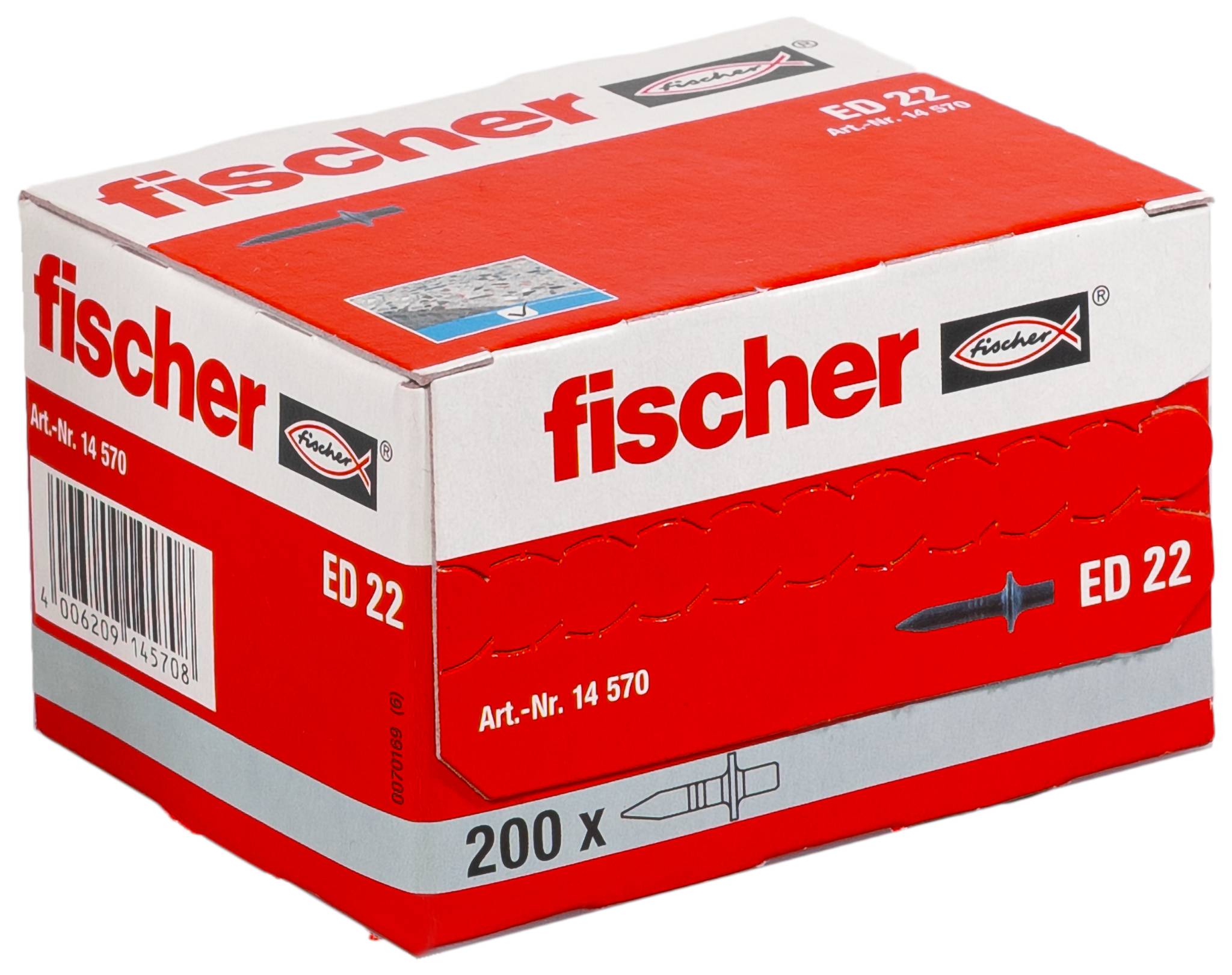 Czerwono-białe pudełko produktu Fischer ED 22 oznaczone napisem '200 x' i 'Art.-Nr. 14 570', widoczne na białym tle.
