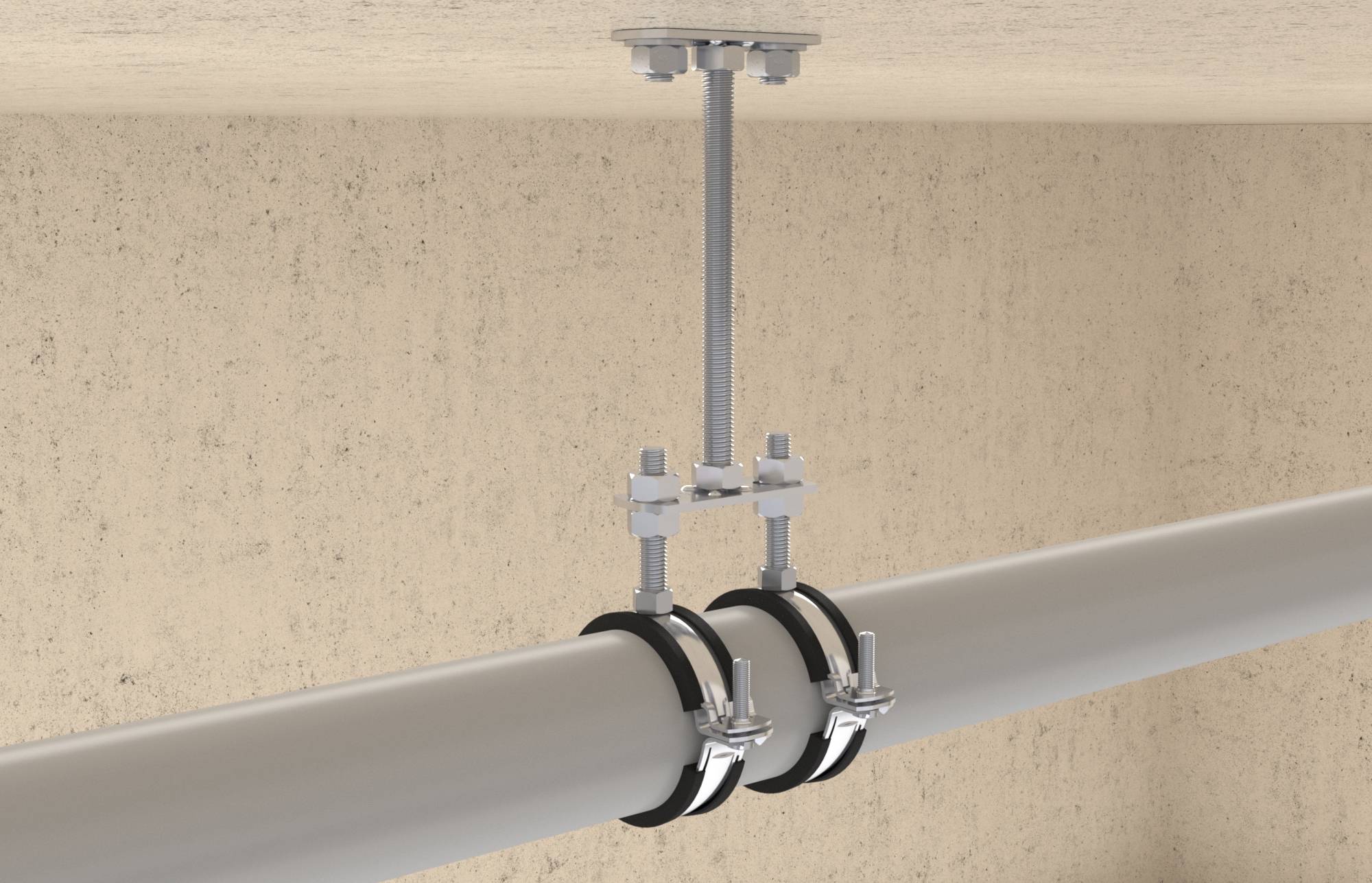 Przewód rurowy zawieszony na suficie z dwoma zaciskami. Zaciski są przymocowane za pomocą dwóch prętów gwintowanych, zapewniających stabilność.